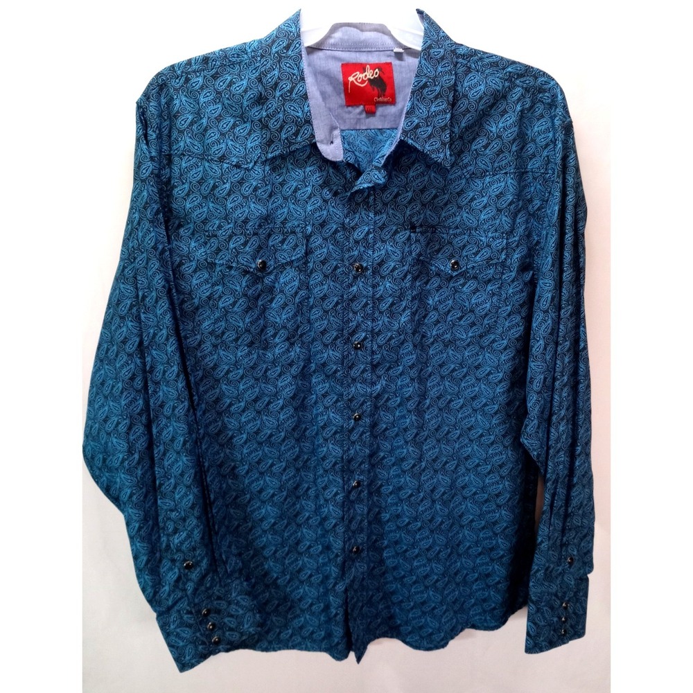 Rodeo Clothing Co. Men's Western Pearl Snap Button Down Shirt, XXL, Blue Paisley